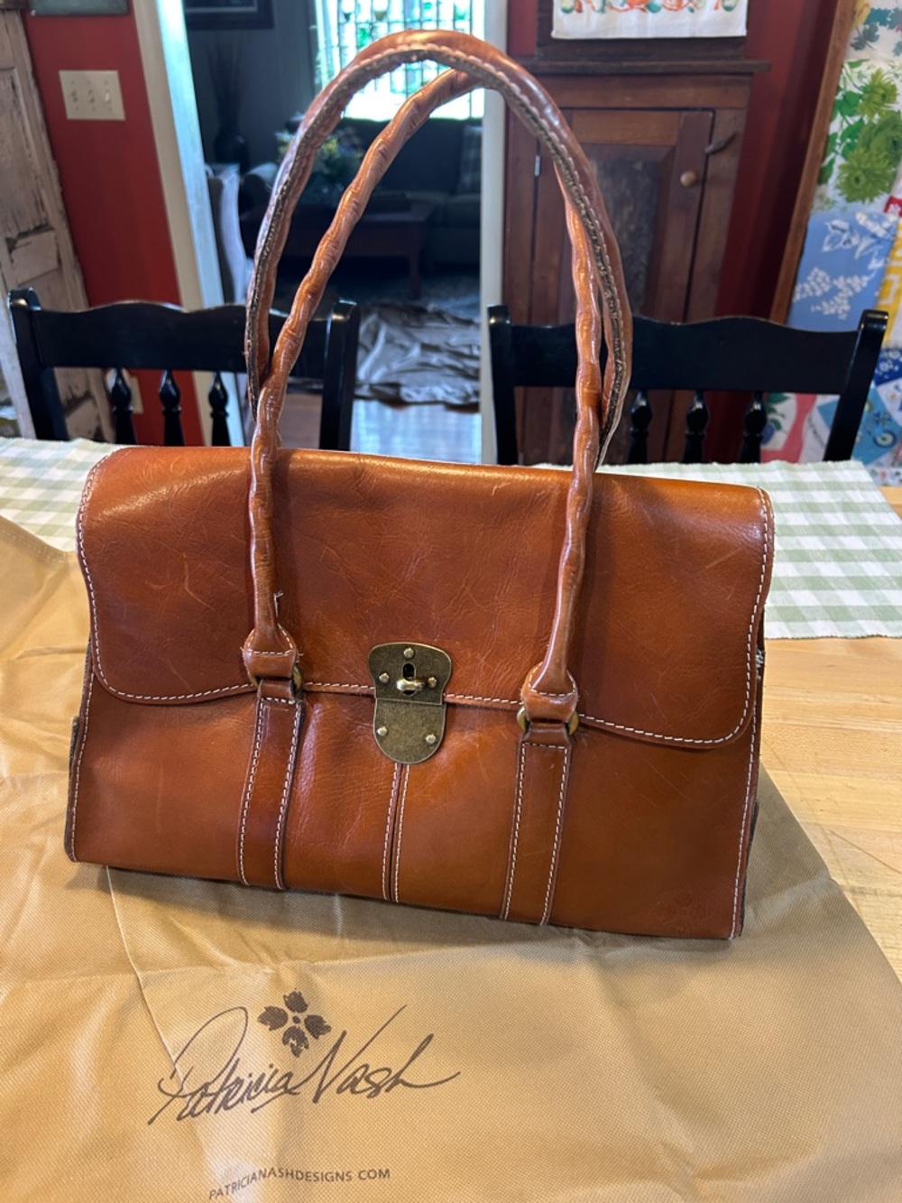 Patricia Nash “ Vienna” Tan Leather Flap Satchel with Brass Clasp